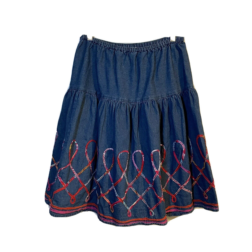 Vintage Life Style Small Tiered Skirt Blue Appliqué Denim Boho Lightweig…